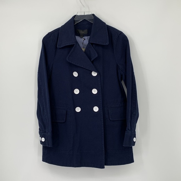 J Crew Peacoat navy blue cotton twill double breasted white coat jacket new 2 - Picture 1 of 4